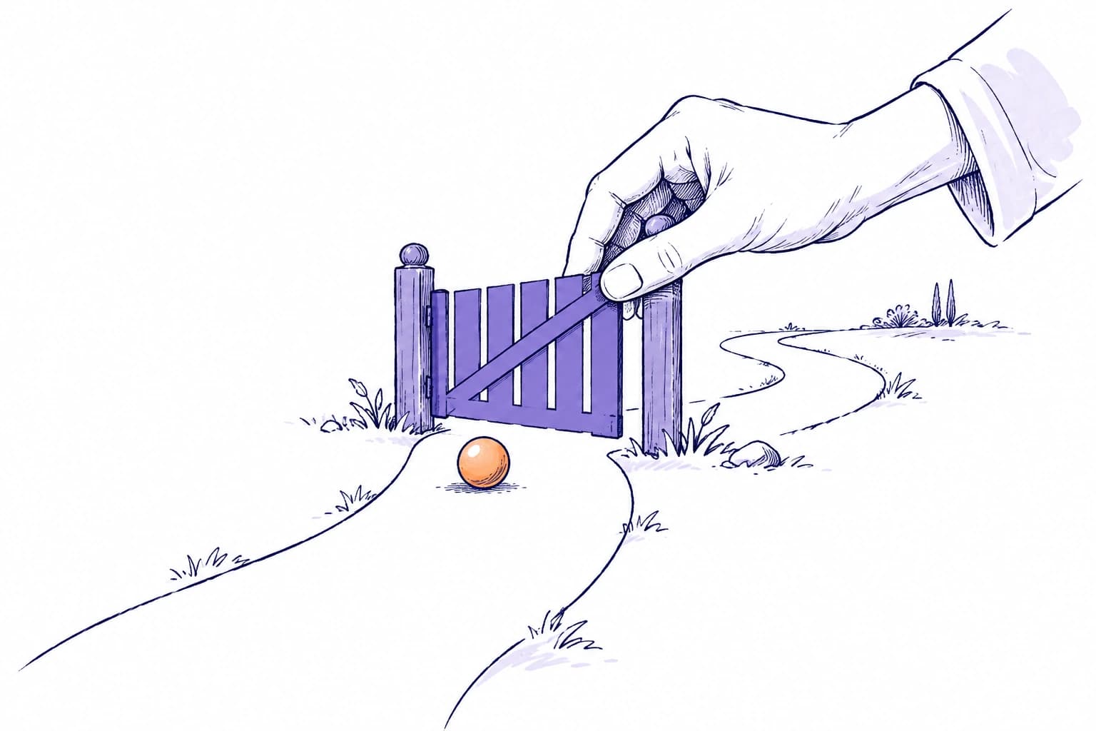 Editorial illustration of a human-controlled gate along an agent’s path.