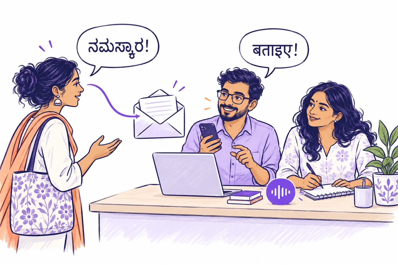 Two colleagues listen and take notes, welcoming a conversation in Kannada and Hindi.