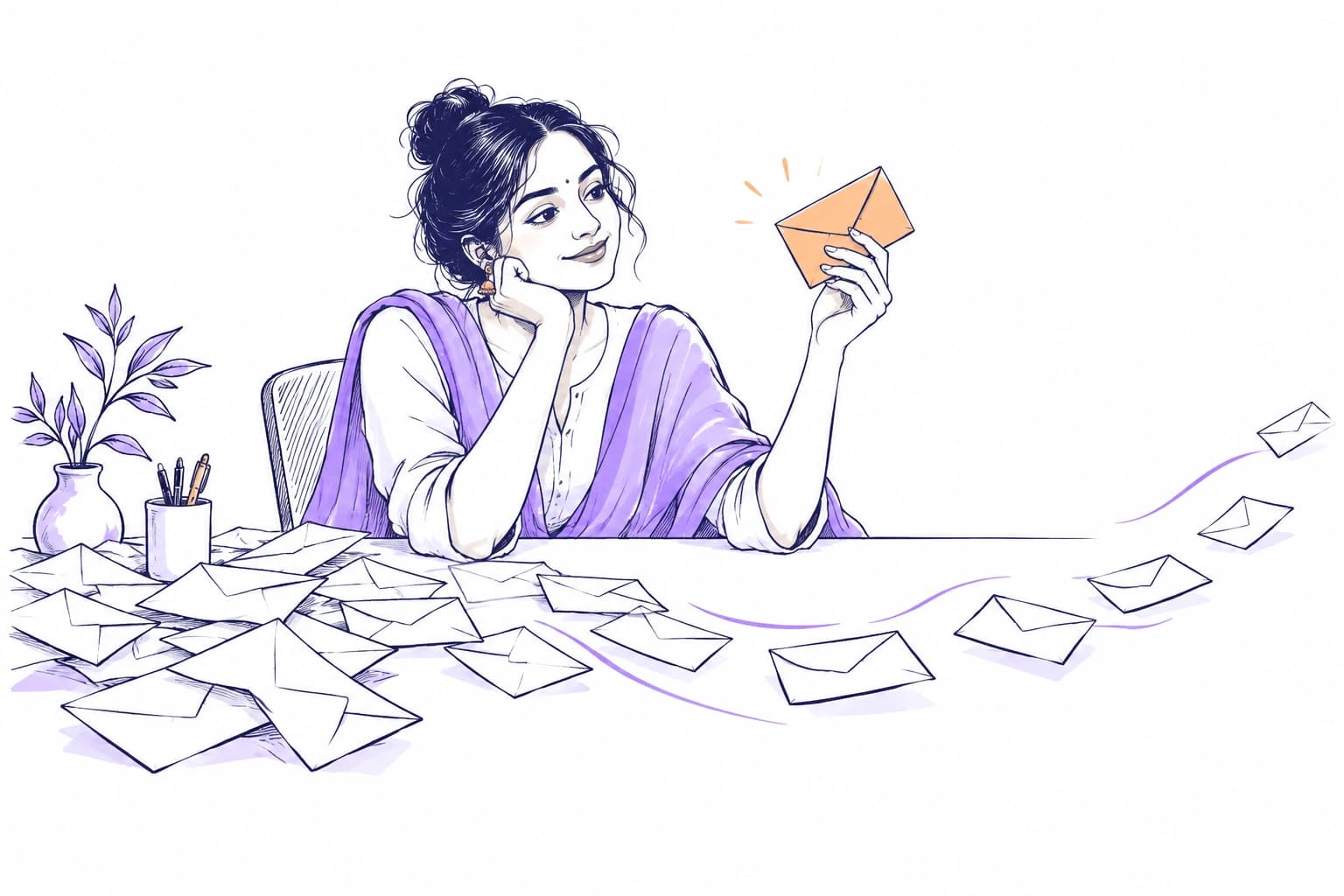Editorial illustration of a person selecting an important message from a crowded inbox.