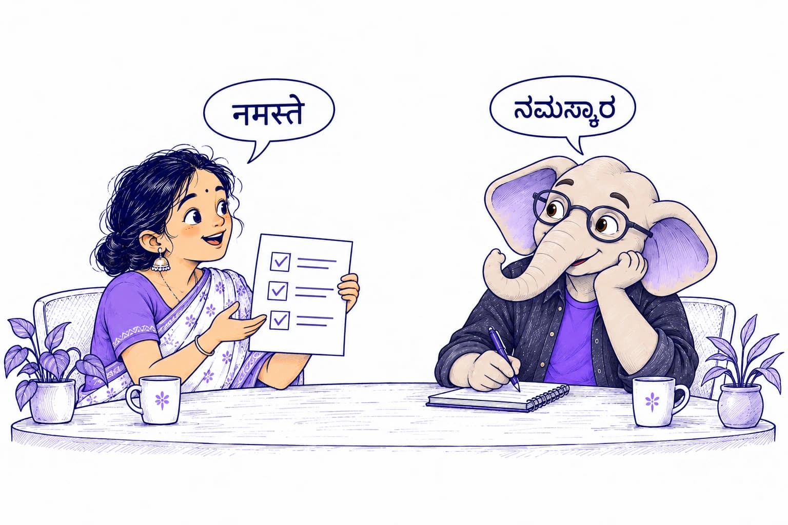 A business owner explains her process to Swarit’s elephant mascot, who listens and takes notes. Hindi and Kannada greetings welcome the conversation.